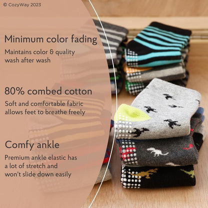 Baby & Toddler Socks with Grippers Non Slip Ankle Grip Socks for Boys and Girls - Comfy Soft Cotton - 6 Pack